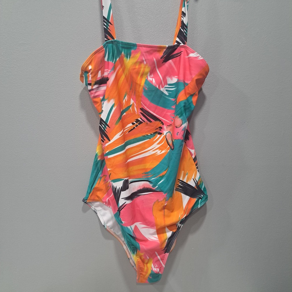 Abstract Brushstroke One Piece Swimsuit Pink‎ Orange Teal Tie Shoulder Small
